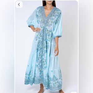 Juliet Dunn London Blue Floral Cotton Maxi Dress Boho Size 6/8/10 (brand size 2)